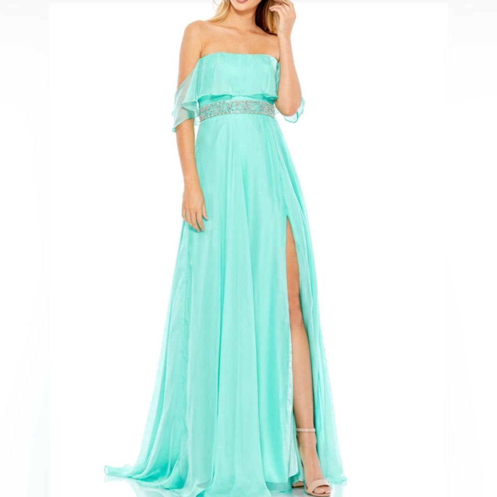 NWT Mac Duggal FLOWY OFF-THE-SHOULDER GOWN Mint size 18 fairycore whimsical prom